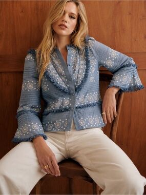 Sézane Blue Eyelet Embroidered Ruffle Blouse 38 Cottagecore Boho Romantic Top